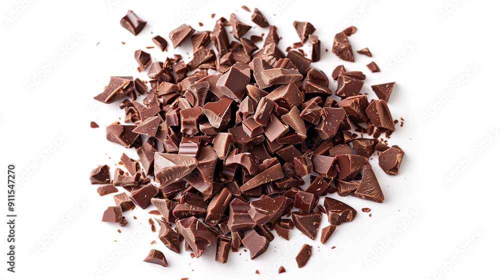 Top view of a heap of finely chopped, milled chocolate isolated on a white background.
Top view of a heap of finely chopped, milled chocolate isolated on a white background.