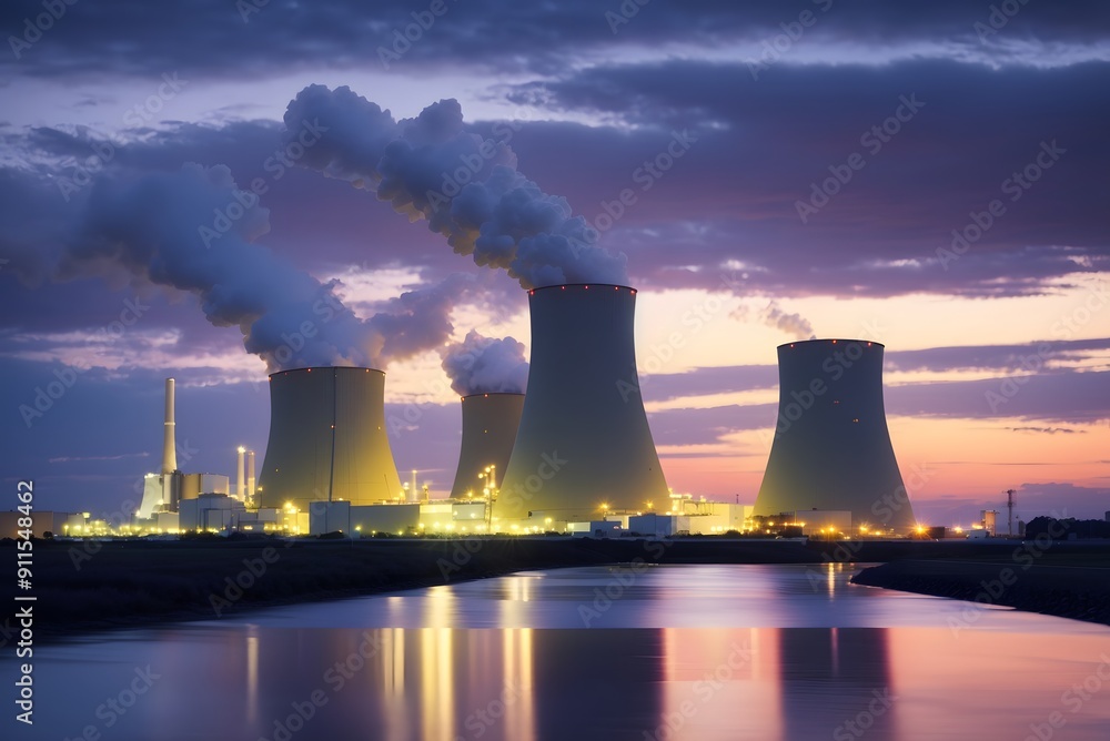 Night view of cooling tower of thermal power plant Night view of cooling tower of thermal power plant