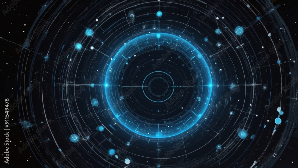 This image depicts a futuristic radial interface with glowing blue elements on a dark background, resembling a sci-fi radar or navigation system This image depicts a futuristic radial interface with glowing blue elements on a dark background, resembling a sci-fi radar or navigation system