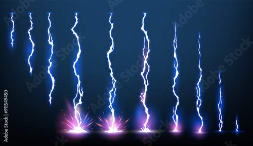 Lightning animation set with sparks. Electricity thunderbolt danger, light electric powerful thunder. Bright energy effect,  illustration