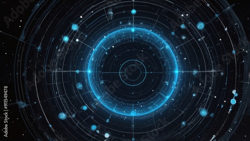 This image depicts a futuristic radial interface with glowing blue elements on a dark background, resembling a sci-fi radar or navigation system