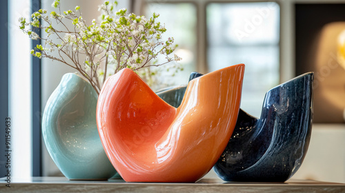 Show an avant-garde, sculptural vase with an unconventional shape and bold colors, displayed in an art gallery or a modern home, highlighting its status as a piece of art.  photo