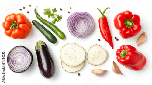 Vibrant veggies arranged on a white background make a stunning display with sliced eggplant, onion, garlic, and peppers. Overhead shot showcases the beauty of fresh produce. photo