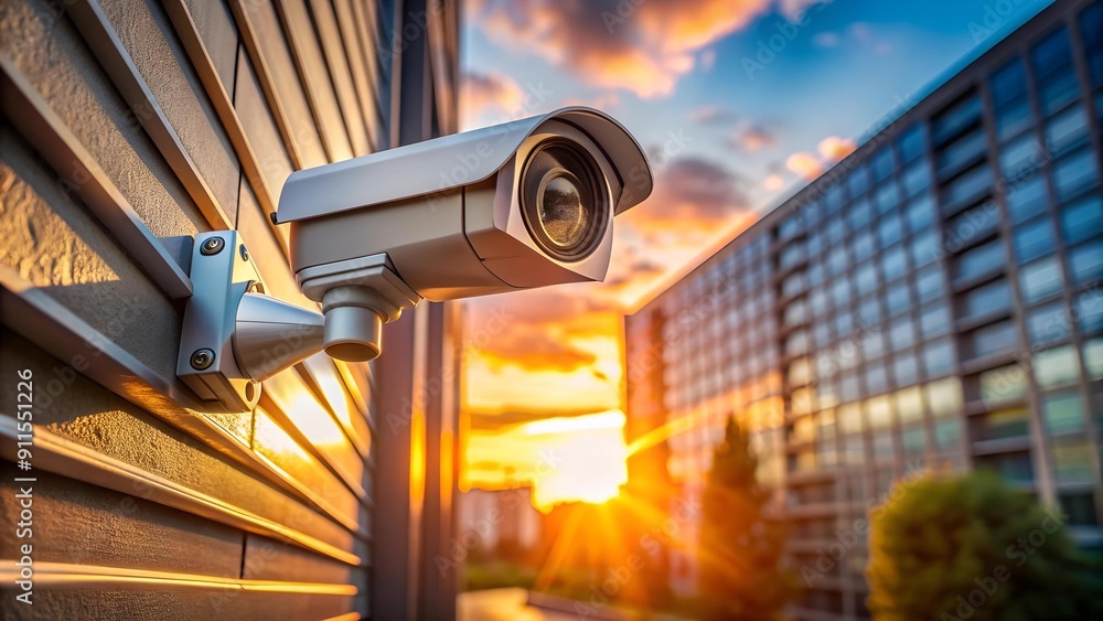The Watchful Eye: A Modern CCTV Camera Captures the Golden Hour generative AI The Watchful Eye: A Modern CCTV Camera Captures the Golden Hour generative AI