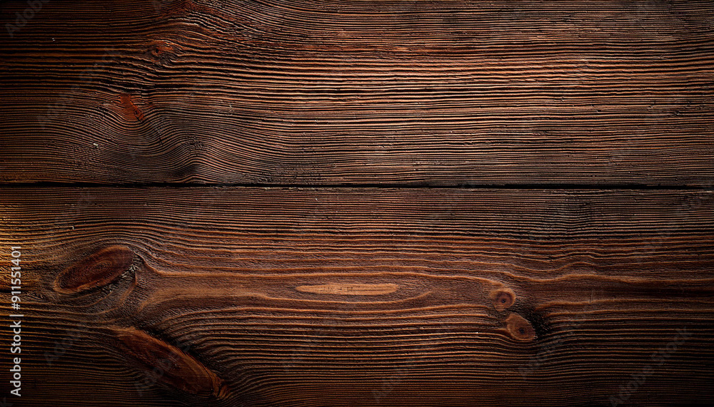 Close-Up of Rustic Dark Brown Wooden Planks with Distinctive Grain Patterns and Knots, Background Texture Banner With Copy Space Close-Up of Rustic Dark Brown Wooden Planks with Distinctive Grain Patterns and Knots, Background Texture Banner With Copy Space
