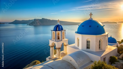 Coastal Serenity: A White Church with Azure Domes Against the Sea generative AI