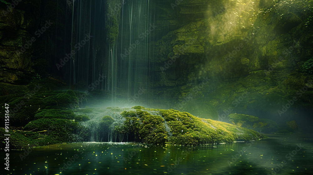 Abstract image of a mystical waterfall with shimmering water and glowing moss, capturing the detailed water flow and luminescence Abstract image of a mystical waterfall with shimmering water and glowing moss, capturing the detailed water flow and luminescence