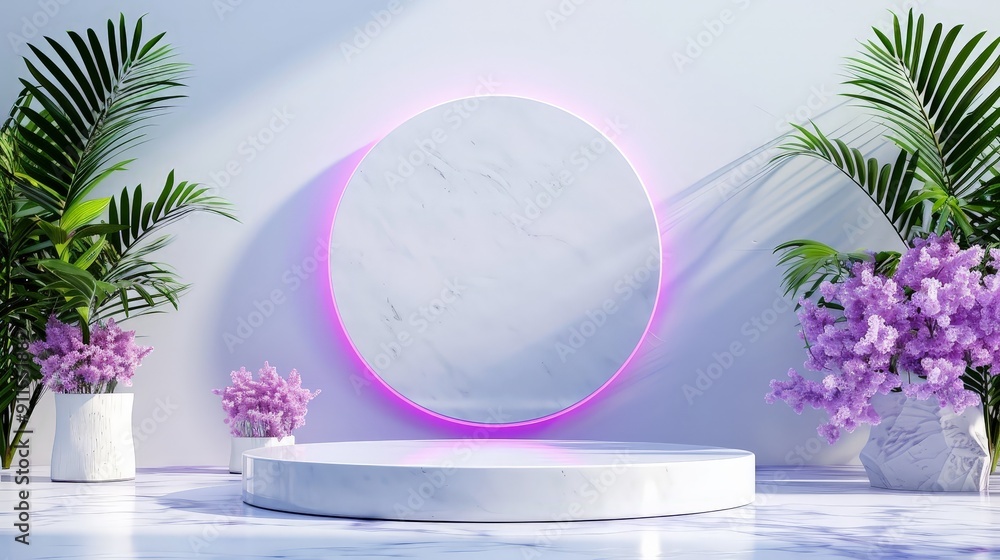 Illuminated White Podium in Purple Neon Lights - 3D Render High-Resolution 8K with Deep Depth of Field Illuminated White Podium in Purple Neon Lights - 3D Render High-Resolution 8K with Deep Depth of Field