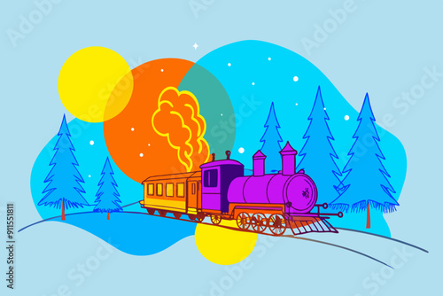 Beautiful retro train in a winter forest