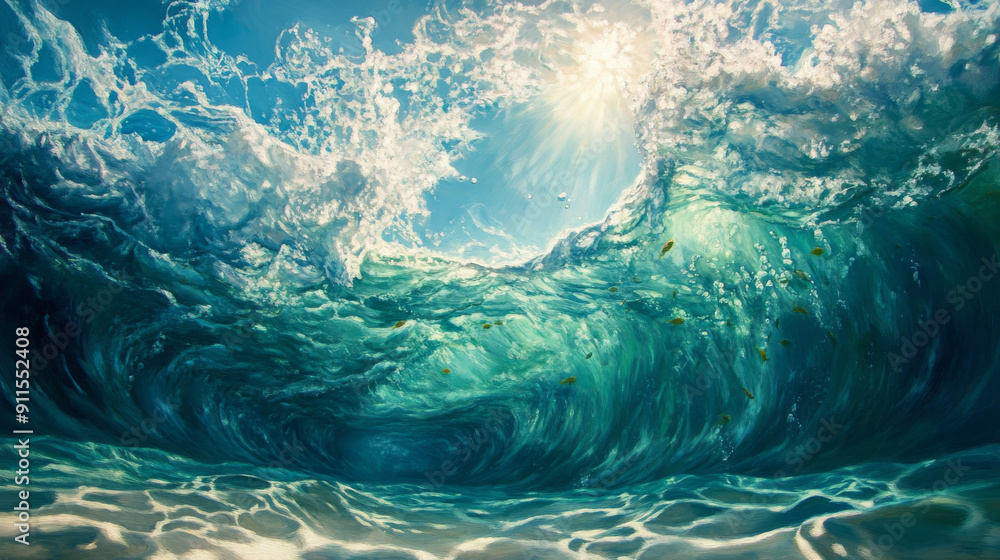 Fototapeta premium Show an underwater view of waves, with light filtering through the water, marine life swimming below, and the undulating surface seen from beneath, offering a unique perspective. 