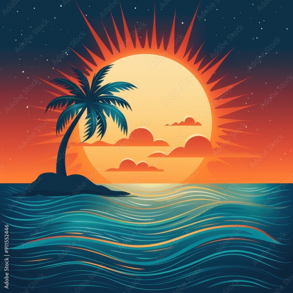 Abstract Pop Art Scene With Wavy Lines, Palm Tree, and Vibrant Sunset Over the Sea Abstract Pop Art Scene With Wavy Lines, Palm Tree, and Vibrant Sunset Over the Sea