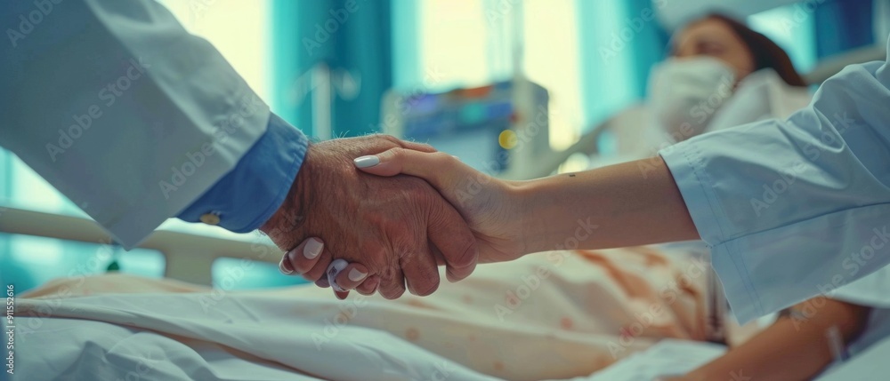 Doctor and patient shake hands in a hospital ward. Patient wears a mask on the bed while another person stands by. Warm, harmonious atmosphere with natural light. Doctor and patient shake hands in a hospital ward. Patient wears a mask on the bed while another person stands by. Warm, harmonious atmosphere with natural light.