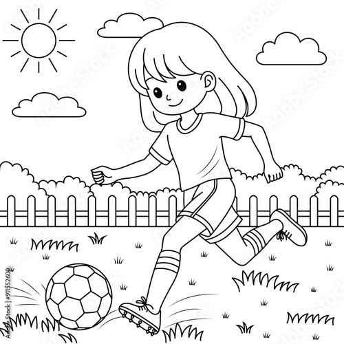 The girl is playing football cartoon outline on the stadium. Soccer Coloring Page