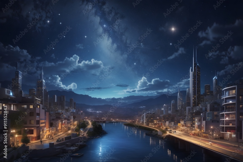 Fototapeta premium 3d illustration of night city with a bright lights and stars on sky.