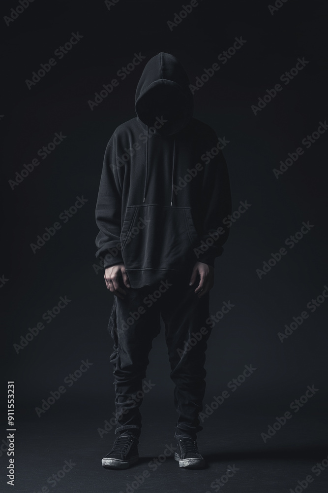 Hooded silhouette in the dark. Murky background. Black casual wear. Mysterious teen figure. Eerie stalker in shadows. Concealed identity. Halloween theme. Robber, burglar. Malevolent entity Hooded silhouette in the dark. Murky background. Black casual wear. Mysterious teen figure. Eerie stalker in shadows. Concealed identity. Halloween theme. Robber, burglar. Malevolent entity