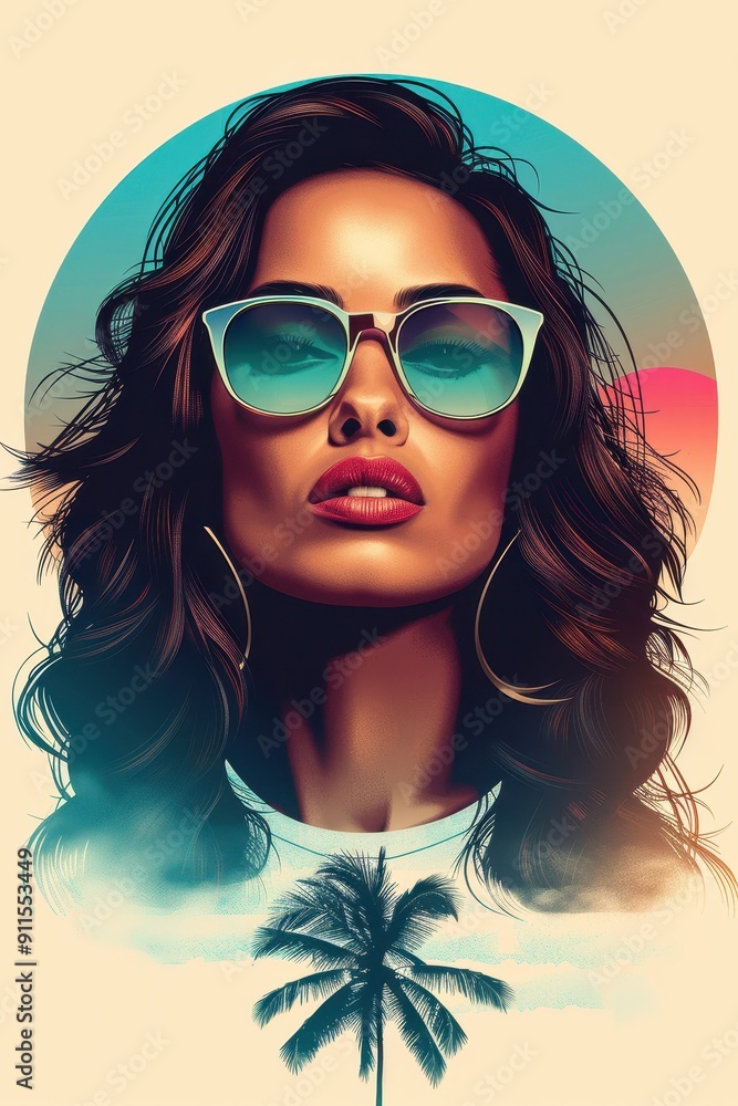 Stylish Woman in Sunglasses Enjoying a Beach Sunset With Palm Trees Stylish Woman in Sunglasses Enjoying a Beach Sunset With Palm Trees