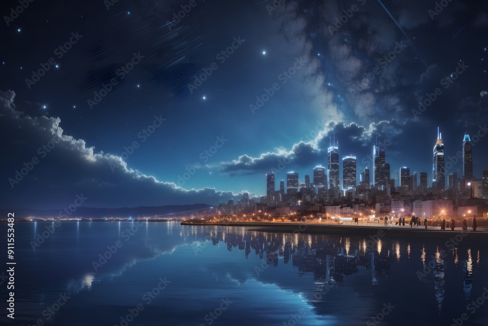 3d illustration of night city with a bright lights and stars on sky. 3d illustration of night city with a bright lights and stars on sky.