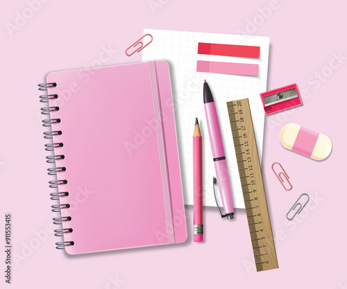 Realistic supplies isolated set, back to school background. Vector. Colorful school supplies, vector illustration. Stationery	