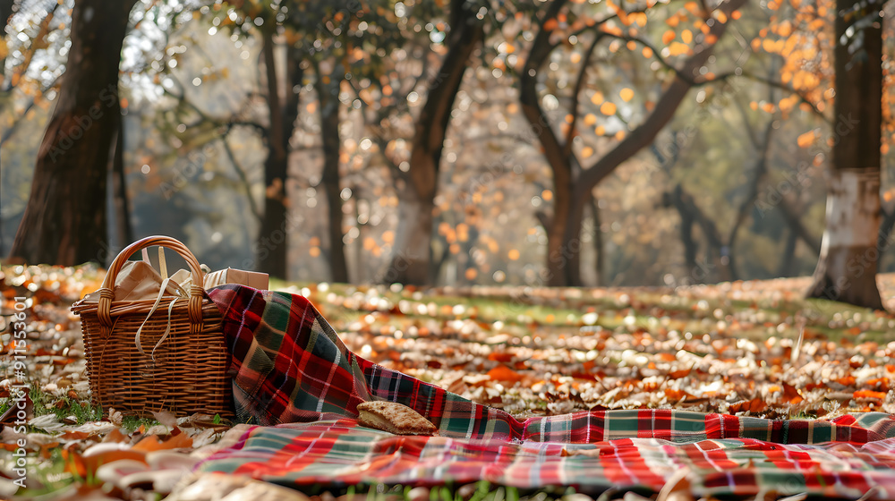 Autumn picnic setup with plaid blanket and basket in park Autumn picnic setup with plaid blanket and basket in park