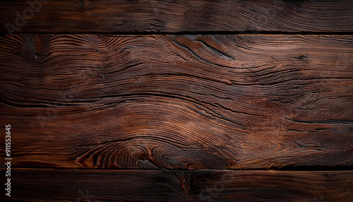 Close-Up of Rustic Dark Brown Wooden Planks with Distinctive Grain Patterns and Knots, Background Texture Banner With Copy Space photo