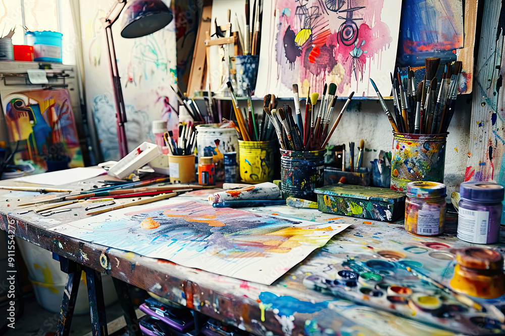 Obraz premium Creative workspace with vibrant paintings, brushes, and colorful art supplies on a busy artist's desk