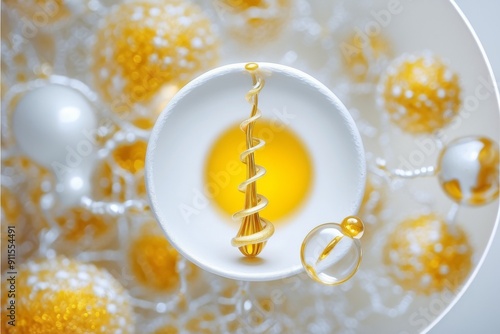 An artistic composition featuring a cup with an intricate yellow and white design surrounded by spherical accents photo