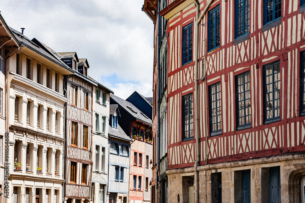 Obraz premium Rouen, Normandy, France, Eau de Robec street, traditional colorful half-timbered houses and narrow streets