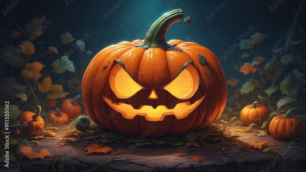 Naklejka premium A glowing jack-o'-lantern in a spooky night-time setting
