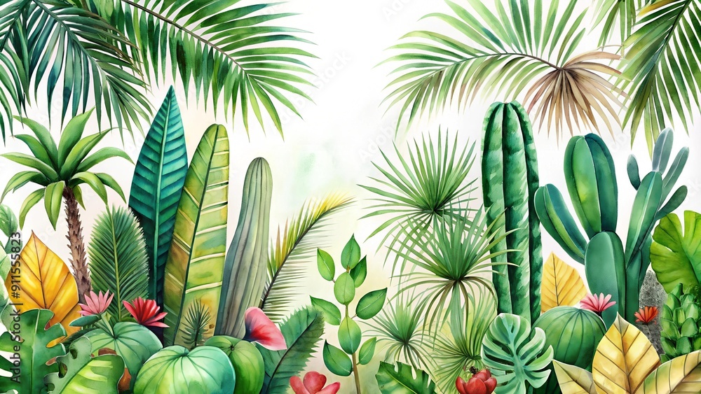 A Lush Paradise: Palm Leaves and Cactus Embrace the Summer Heat AI generated A Lush Paradise: Palm Leaves and Cactus Embrace the Summer Heat AI generated