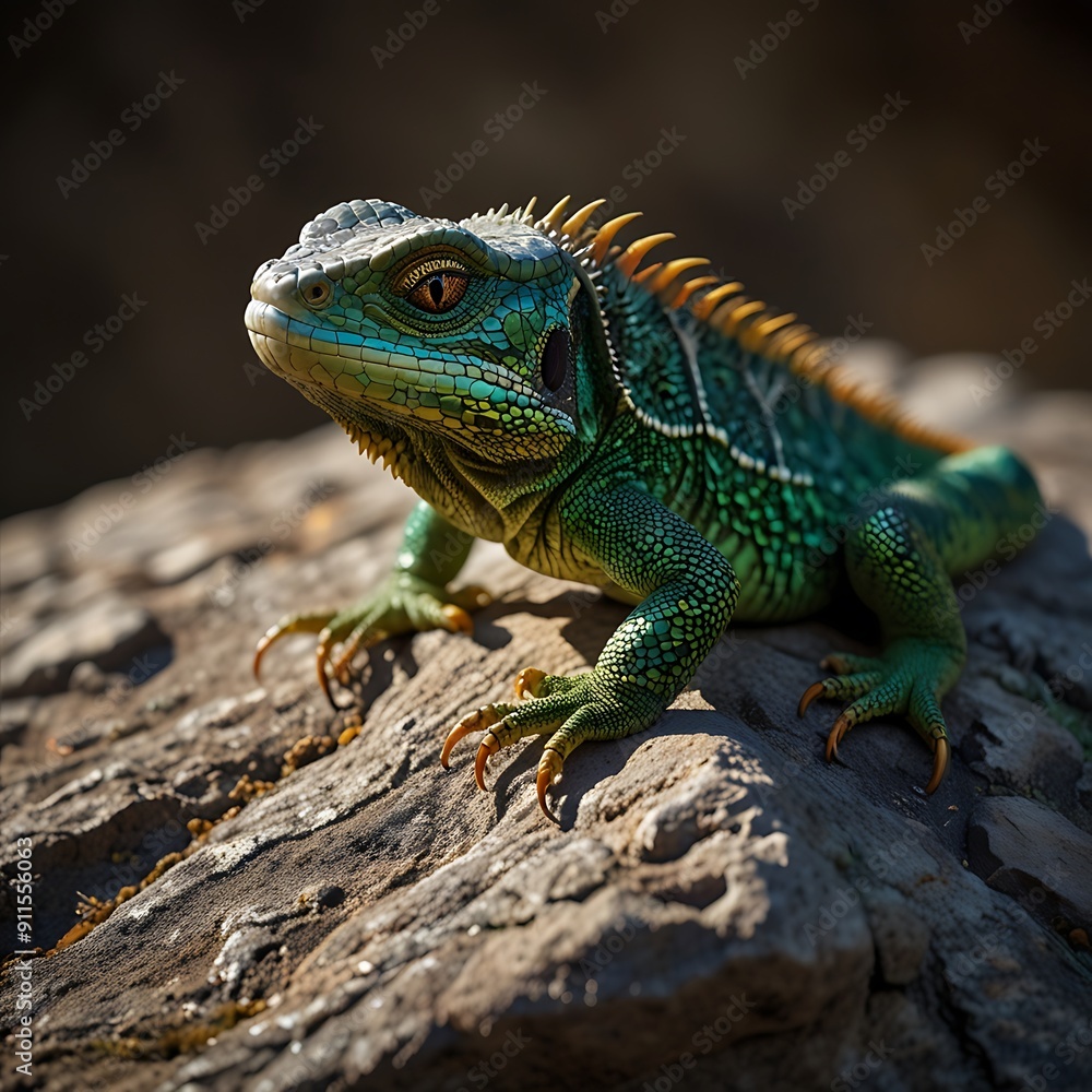 A sun-soaked lizard basks on a warm stone, its shimmering scales catching the light A sun-soaked lizard basks on a warm stone, its shimmering scales catching the light