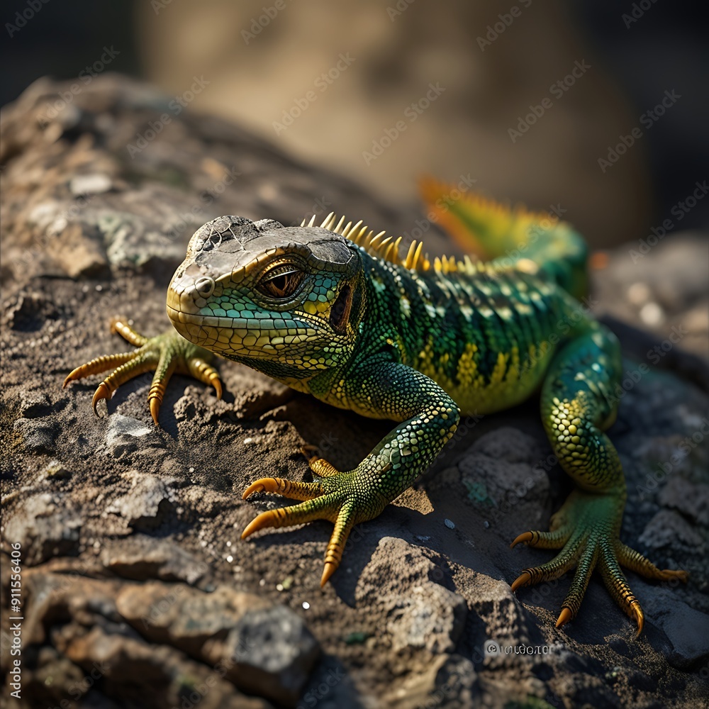 A sun-soaked lizard basks on a warm stone, its shimmering scales catching the light A sun-soaked lizard basks on a warm stone, its shimmering scales catching the light