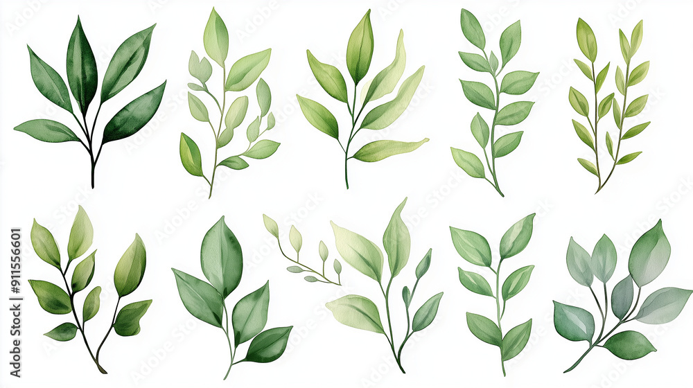 Watercolor green leaves on a transparent background, hand drawn watercolor illustration Watercolor green leaves on a transparent background, hand drawn watercolor illustration