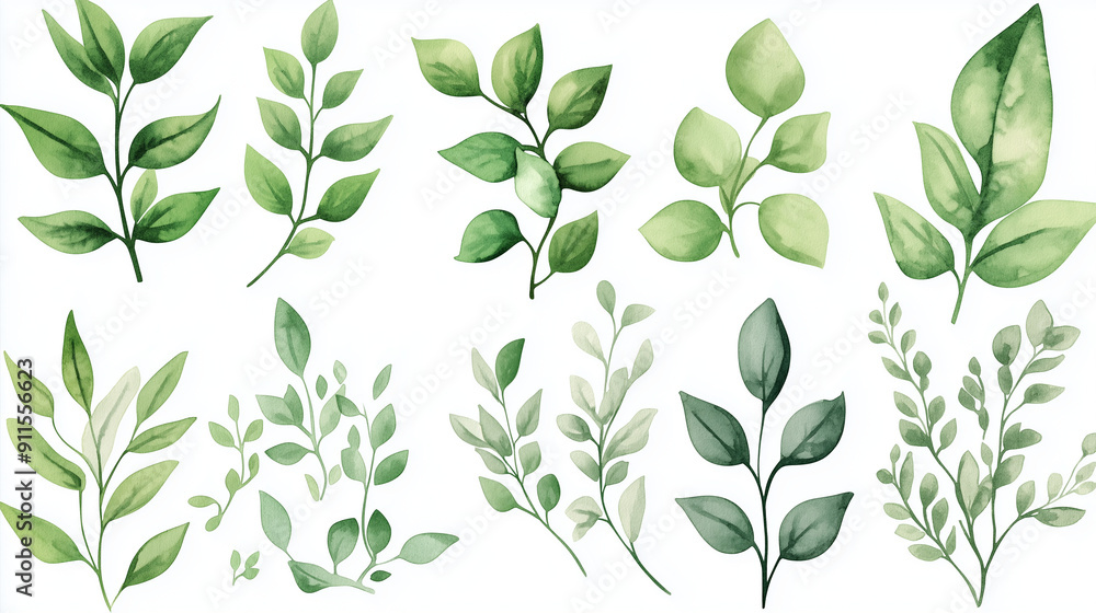 Watercolor green leaves on a transparent background, hand drawn watercolor illustration Watercolor green leaves on a transparent background, hand drawn watercolor illustration