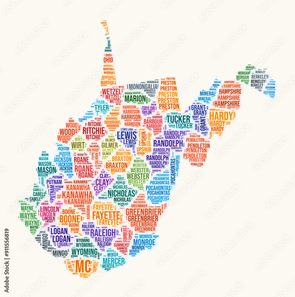 West Virginia counties word cloud. State logo design. Counties typography style vector image. West Virginia colored text cloud. Stylish vector illustration. West Virginia counties word cloud. State logo design. Counties typography style vector image. West Virginia colored text cloud. Stylish vector illustration.
