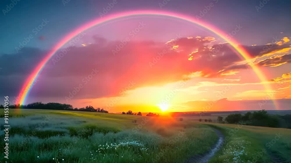 Animation of mountains with colorful rainbow in cloudy sky over field. Nature landscape after storm. Spring morning. St Patrick Day holiday symbol Animation of mountains with colorful rainbow in cloudy sky over field. Nature landscape after storm. Spring morning. St Patrick Day holiday symbol