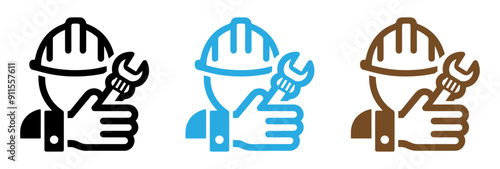 Vector Icon of Construction Worker with Wrench in Black, Blue, and Brown