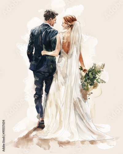 A watercolor illustration of a newlywed couple walking hand in hand, with the bride in a flowing dress and the groom in a dark suit.