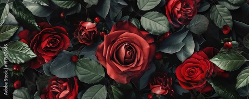 A stunning close-up of vibrant red roses amidst dark green leaves, capturing nature's beauty in a vivid and romantic composition.