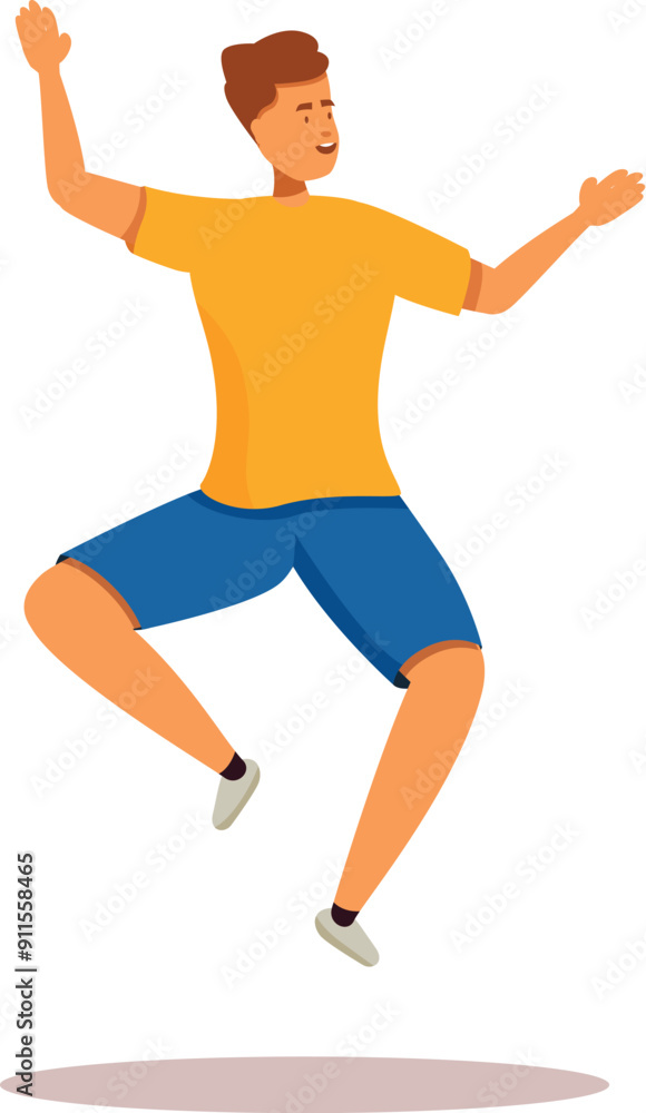 Young man wearing casual clothes is happily jumping in the air Young man wearing casual clothes is happily jumping in the air