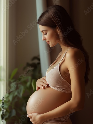 Free Download Peaceful pregnant woman standing by a window, gently cradling her belly and looking out thoughtfully. - GFXLoad