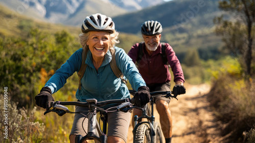 Elderly couple in adventure mountain biking