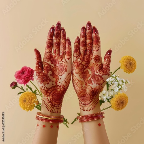 Beautifully adorned hands with intricate henna designs, adorned with colorful flowers. Perfect for cultural, wedding, and festive themes. photo