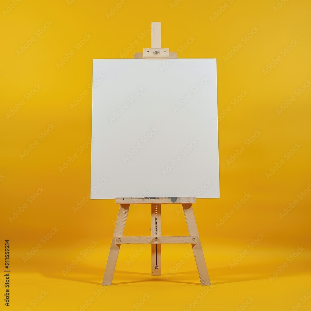 Blank canvas on wooden easel against vibrant yellow background, perfect for art, creativity, and design projects.