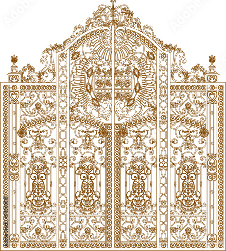 Vector sketch, silhouette illustration, detailed design of an old iron fence gate full of classic vintage ethnic floral carving ornaments