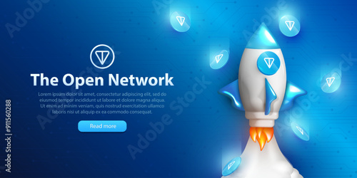 Banner with Toncoin spaceship rising to the moon. Webpage with 3d realistic rocket and lots of falling TON tokens in cyberspace with copy space. The Open Network's cryptocurrency value rising