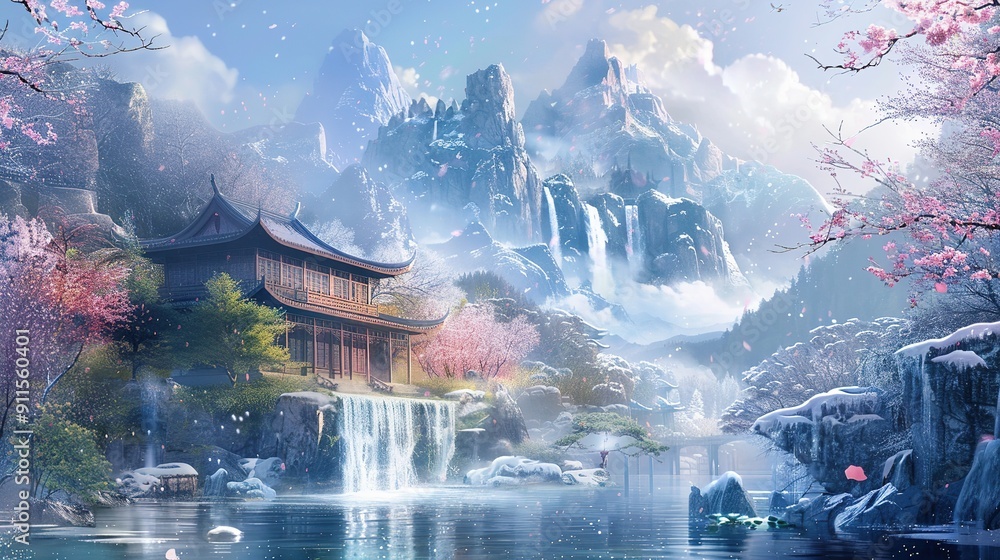 Obraz premium ancient Chinese style, scenery, no people, architecture, sky, night, stars, Mountains, ancient Chinese architecture, 