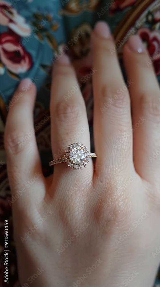 Close-up of an elegant engagement ring with a diamond on a woman's hand, set against a floral background, symbolizing love and commitment. Close-up of an elegant engagement ring with a diamond on a woman's hand, set against a floral background, symbolizing love and commitment.