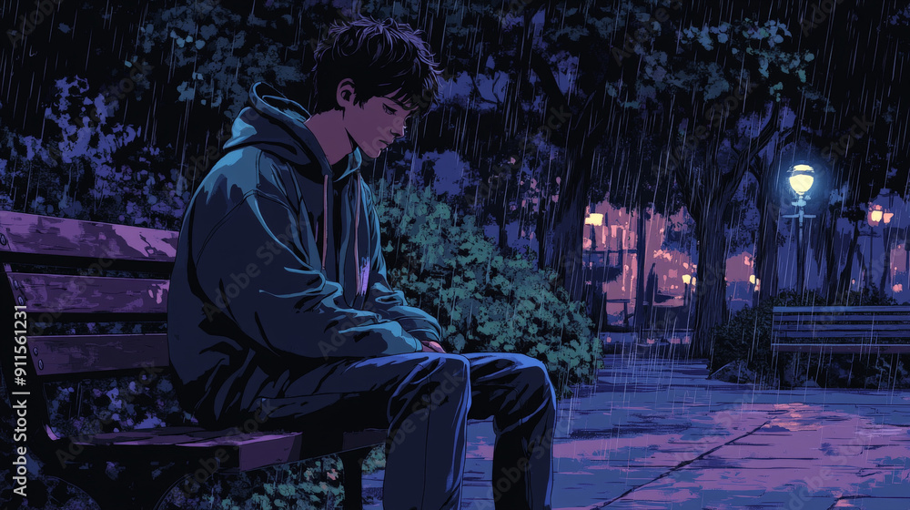 Lofi Anime Illustration of Sad Boy Looking at Old Photo on Park Bench Lofi Anime Illustration of Sad Boy Looking at Old Photo on Park Bench