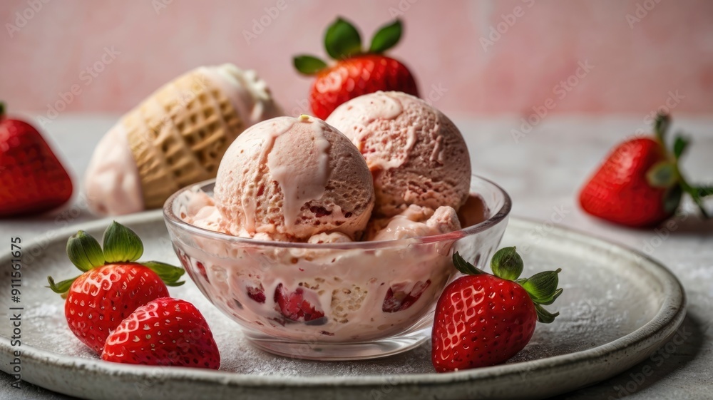 Homemade ice cream with fresh strawberries