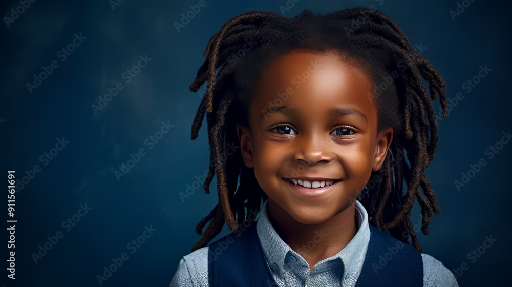 Portrait of a happy smiling Afro-American boy child with long hair and perfect skin, dark blue, banner. Portrait of a happy smiling Afro-American boy child with long hair and perfect skin, dark blue, banner.